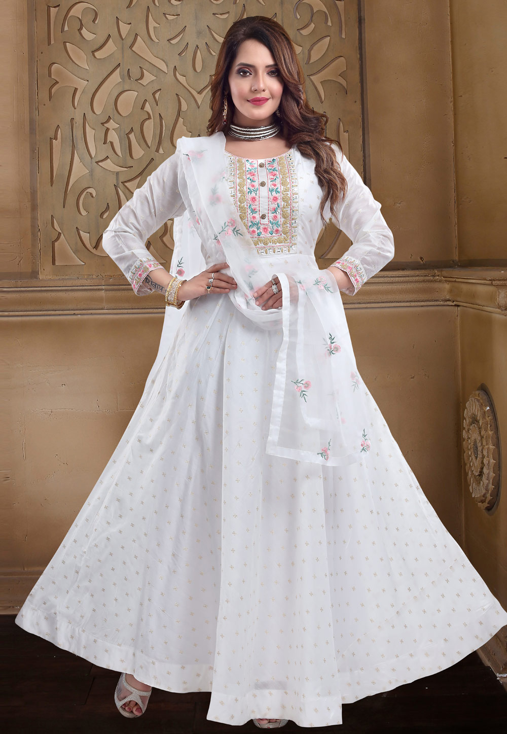White Chanderi Silk Readymade Ankle Length Anarkali Suit 235899