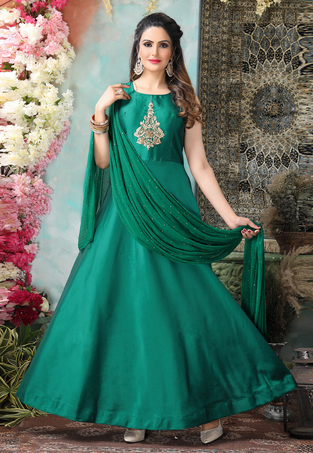 Green Satin Readymade Abaya Style Anarkali Suit 236293