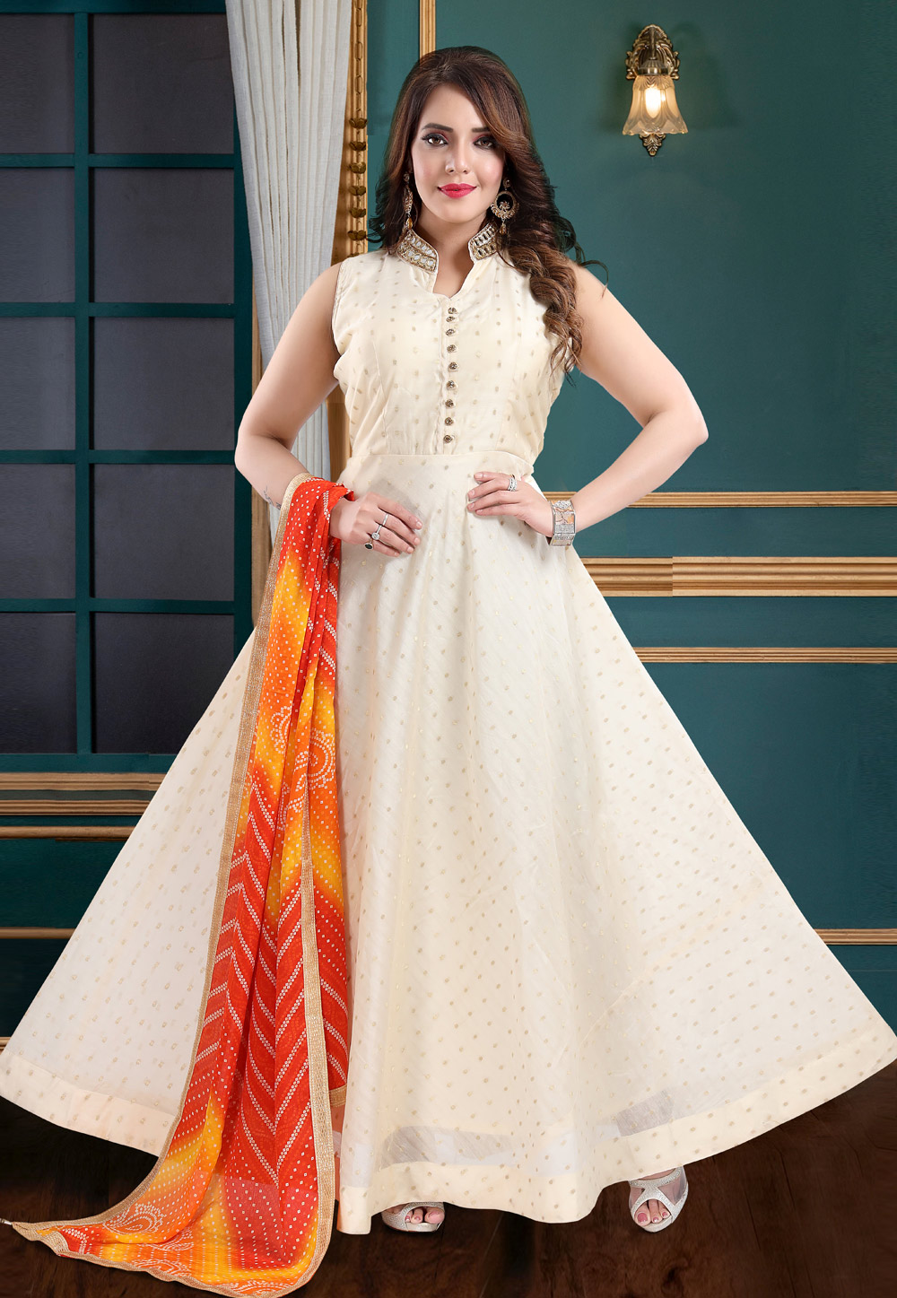 Off White Chanderi Readymade Abaya Style Anarkali Suit 240266