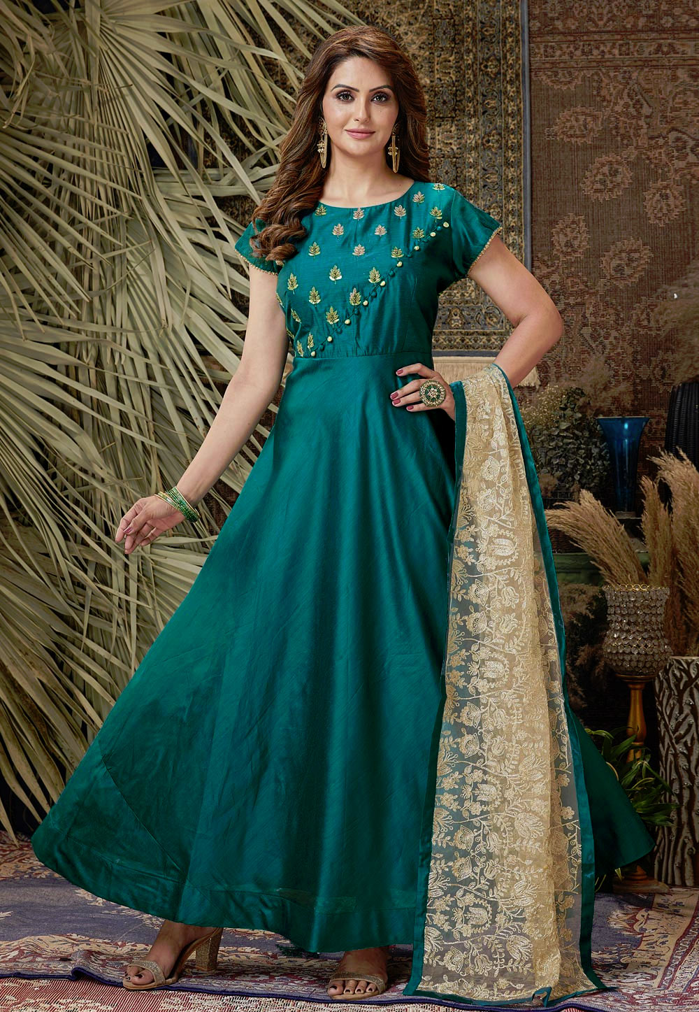 Teal Chanderi Silk Readymade Abaya Style Anarkali Suit 240270