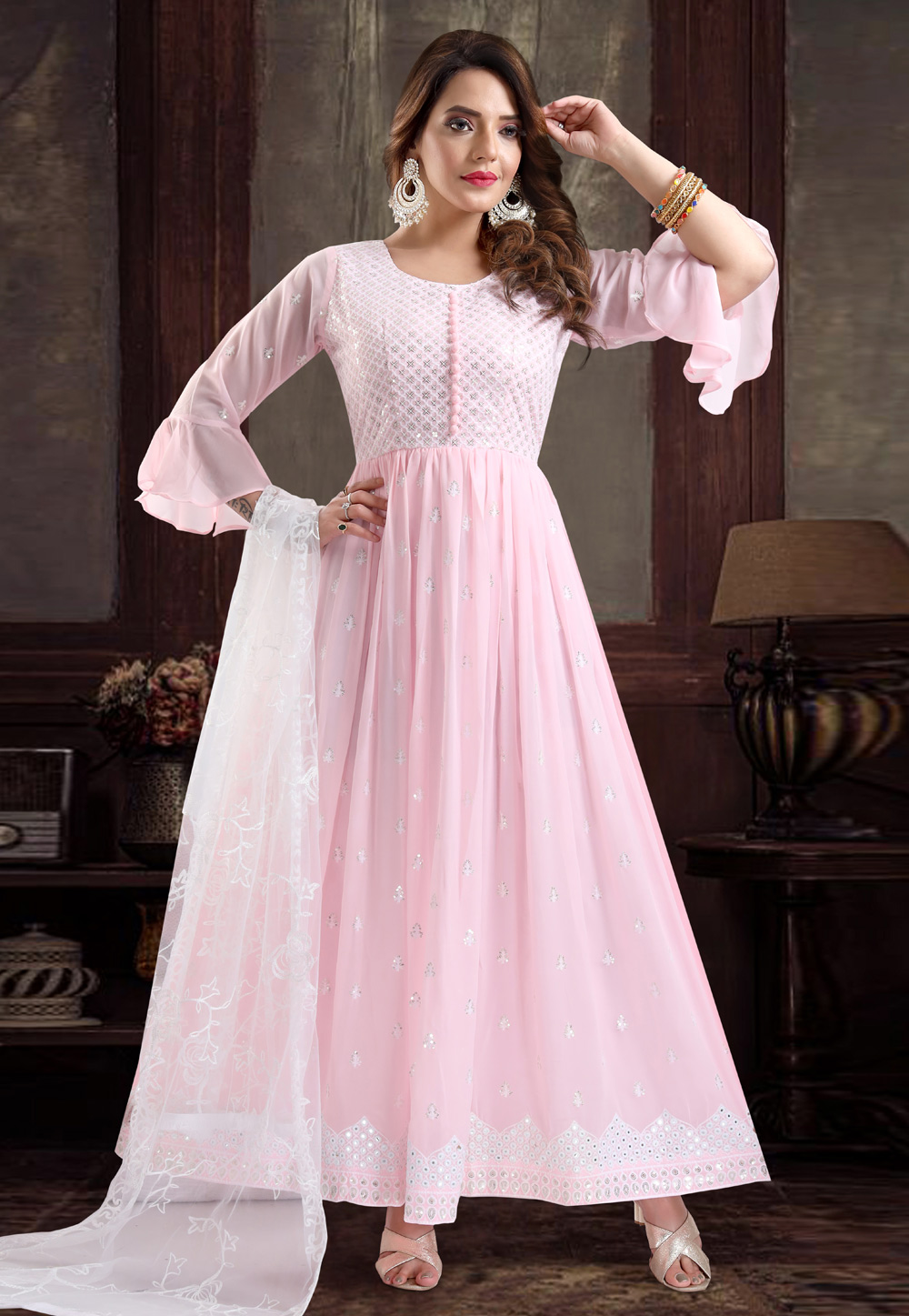 Pink Faux Georgette Readymade Abaya Style Anarkali Suit 240272