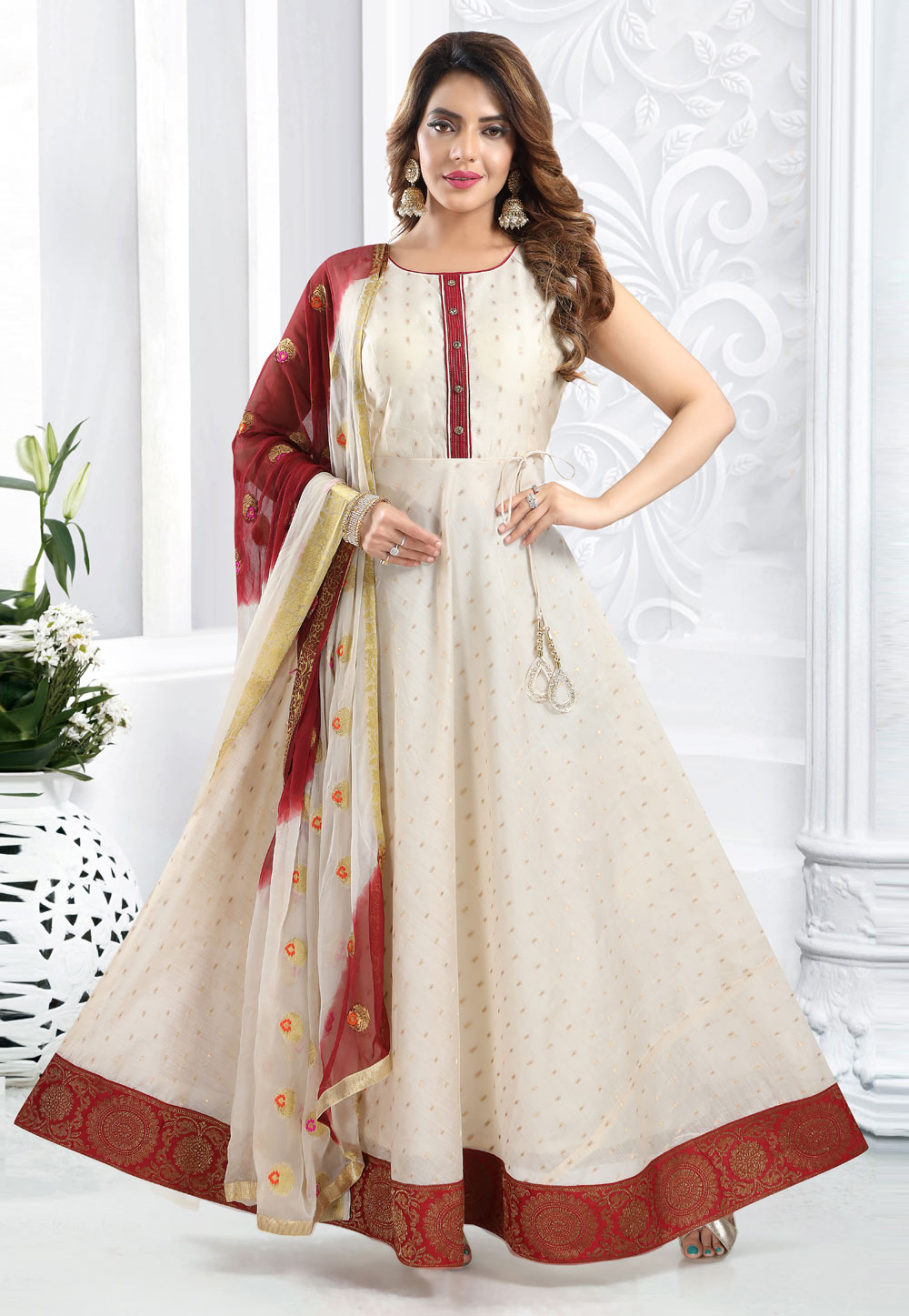 Cream Chanderi Readymade Abaya Style Anarkali Suit 242476