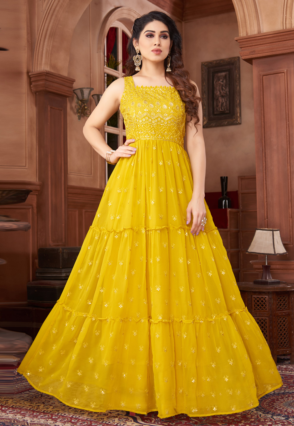Long Gown Dress In Yellow Color With Jacard border - Spegrow Mart
