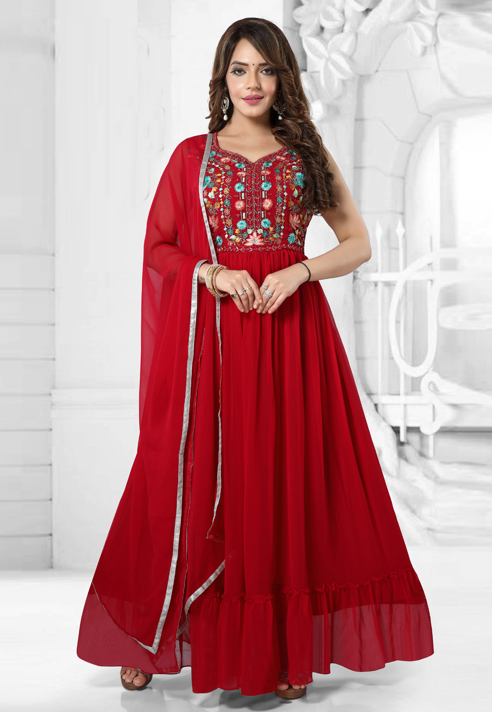 Red Faux Georgette Gown 247810