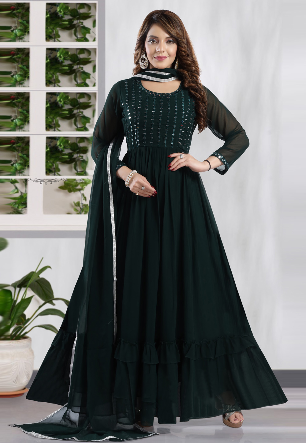 Green Faux Georgette Readymade Abaya Style Anarkali Suit 252687