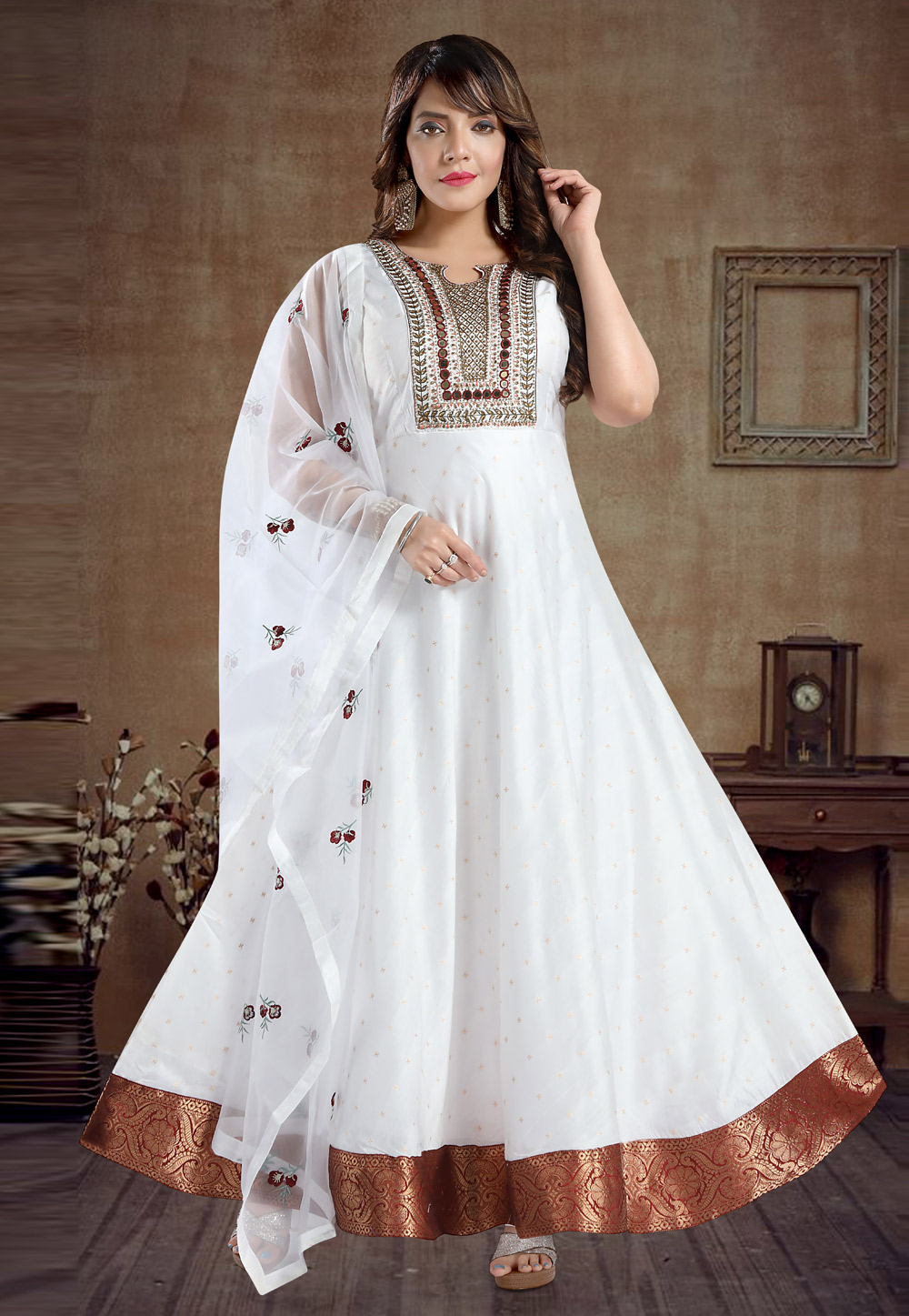White Faux Georgette Sleeveless Anarkali Style Gown