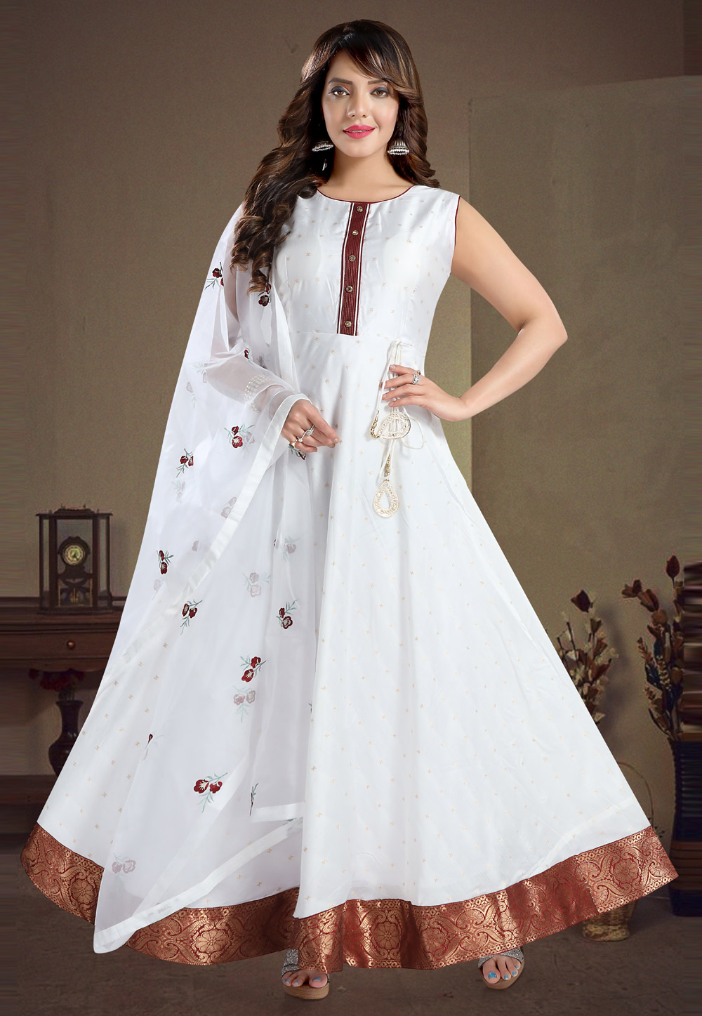 White Chanderi Readymade Abaya Style Anarkali Suit 258095