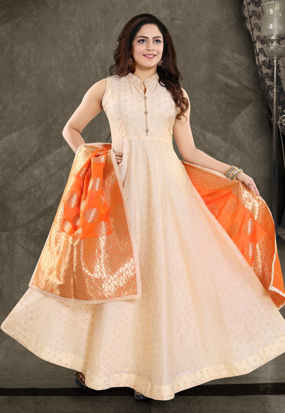 Readymade Chanderi Designer Anarkali Suit In Yellow  skegac7