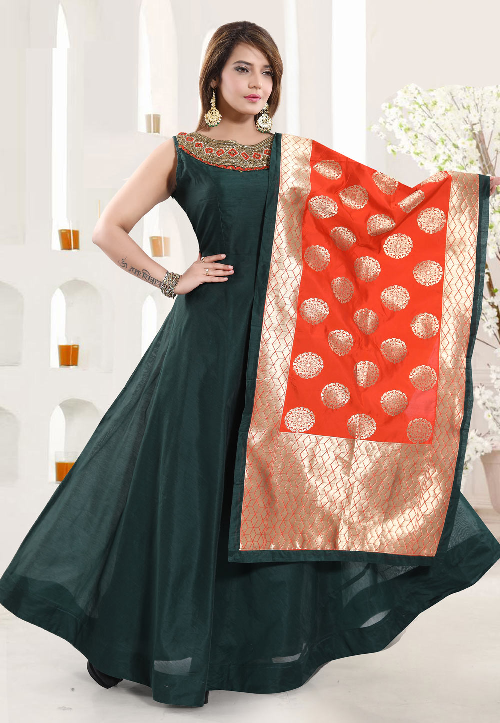 Green Chanderi Silk Readymade Long Anarkali Suit 258100