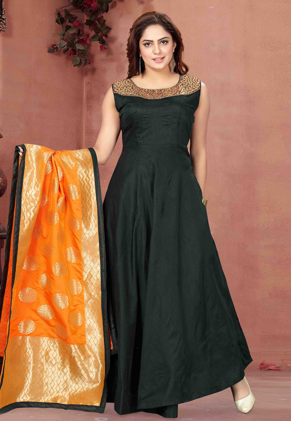 Green Chanderi Silk Readymade Abaya Style Anarkali Suit 258101