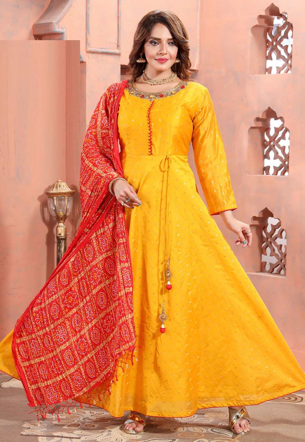Orange Chanderi Readymade Long Anarkali Suit 272524