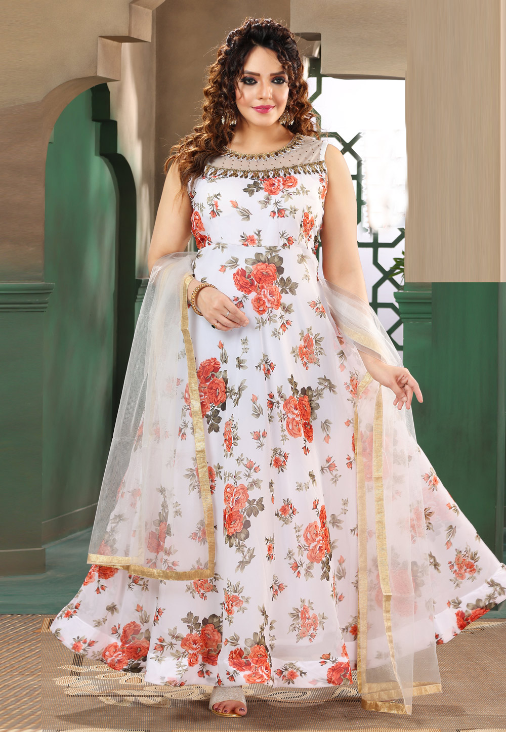 Buy White color faux georgette sequins embroidery anarkali dress at  fealdeal.com
