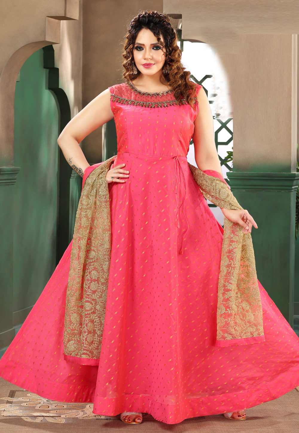 Pink Chanderi Readymade Long Anarkali Suit 272530