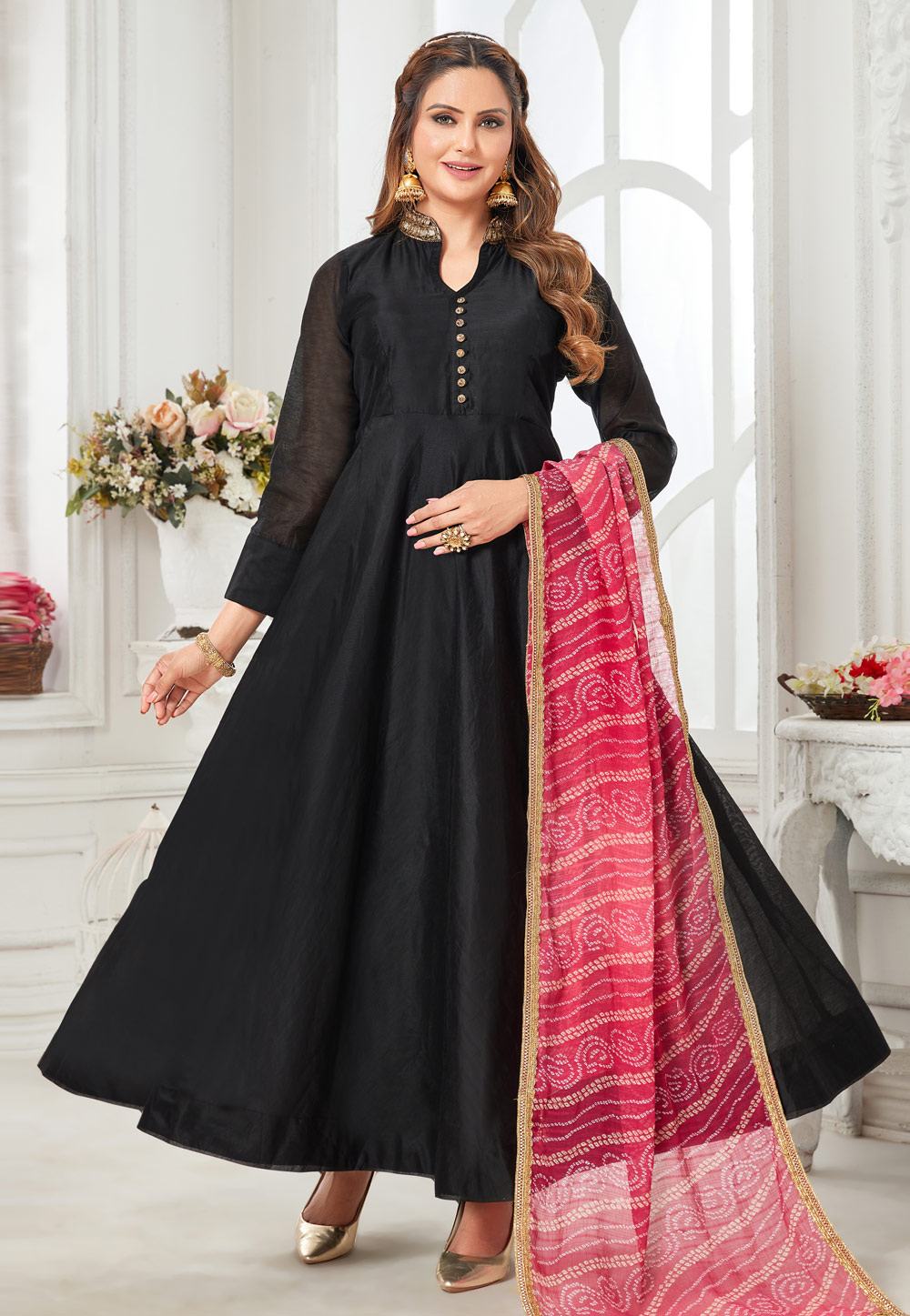 Black Chanderi Silk Readymade Anarkali Suit 272531