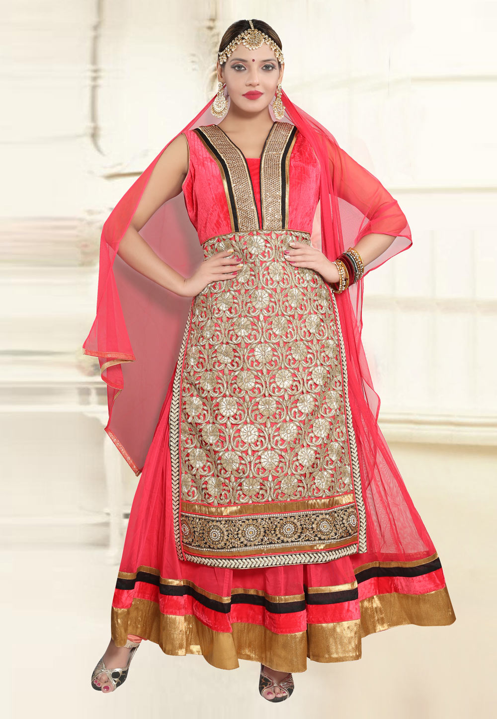 Red Soft Net Readymade Anarkali Suit 275678