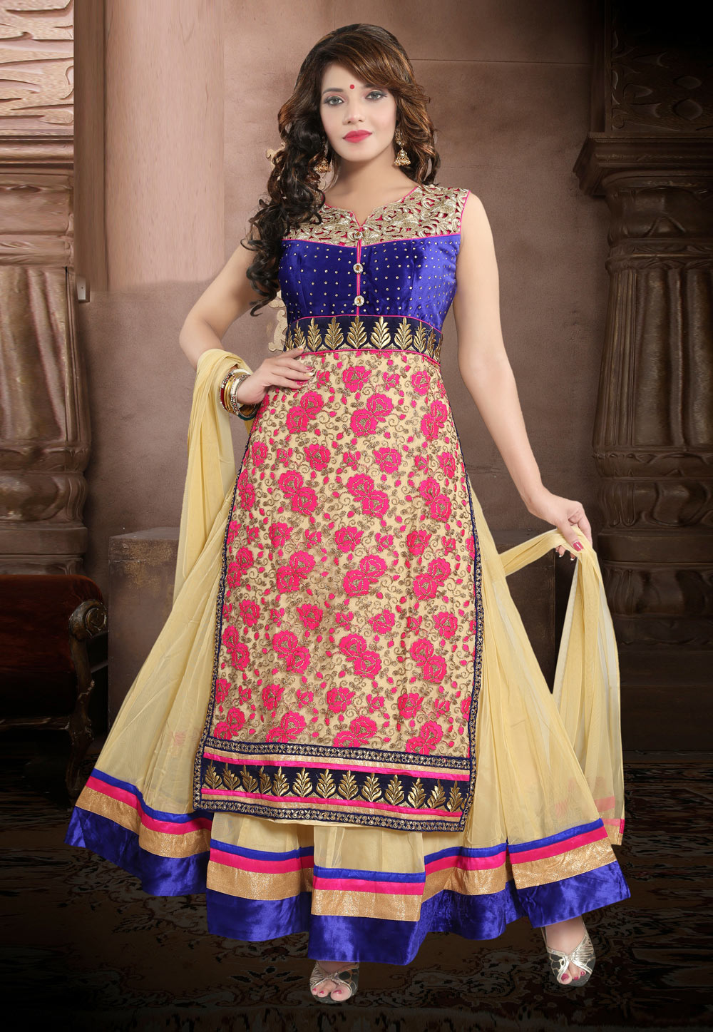 Golden Chanderi Silk Readymade Anarkali Suit