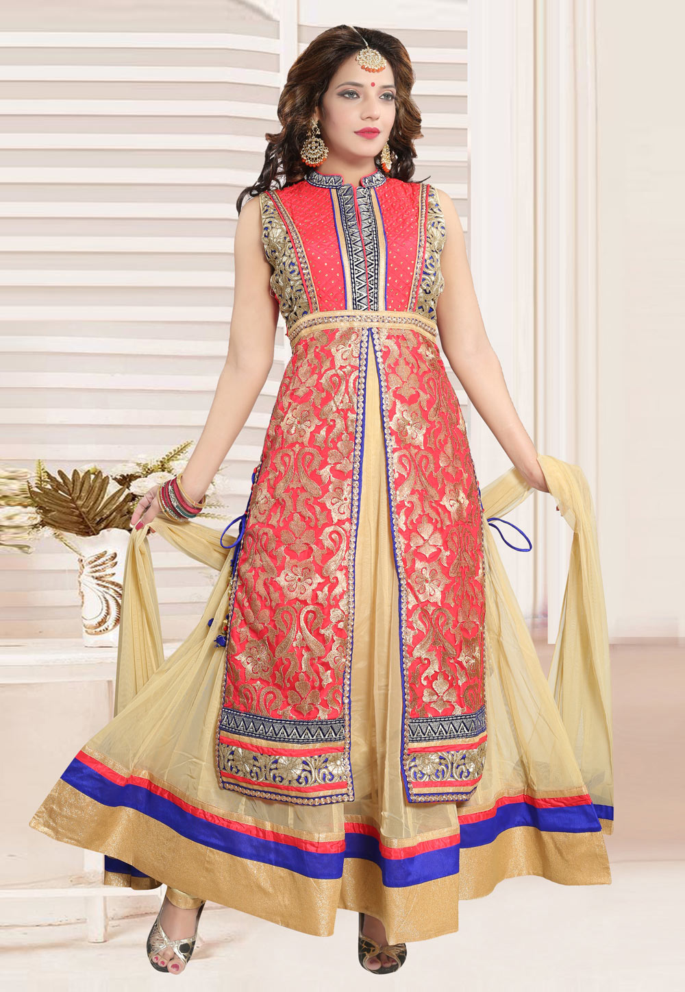 Red Soft Net Readymade Long Anarkali Suit 275685
