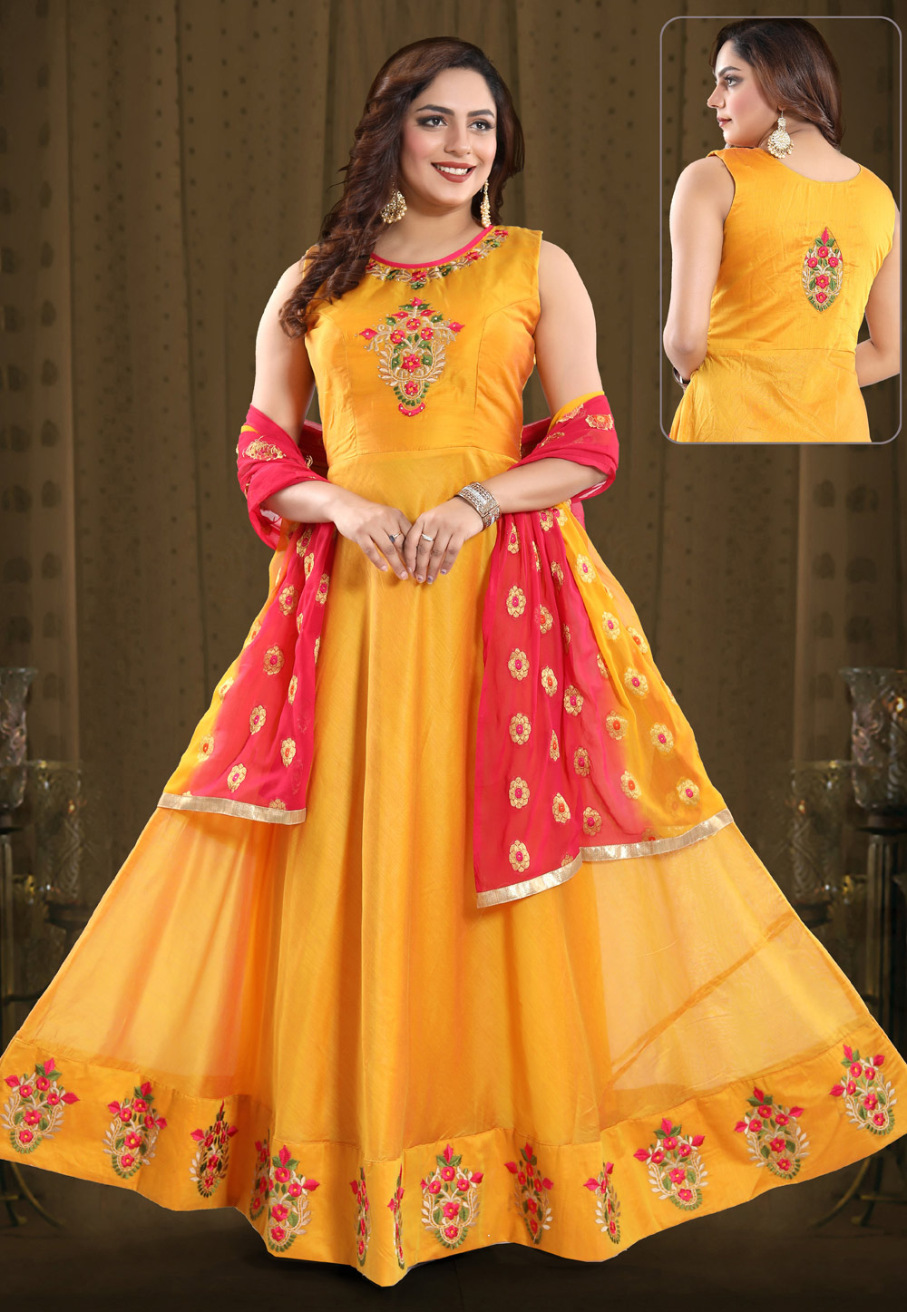 Yellow Chanderi Readymade Long Anarkali Suit 168070