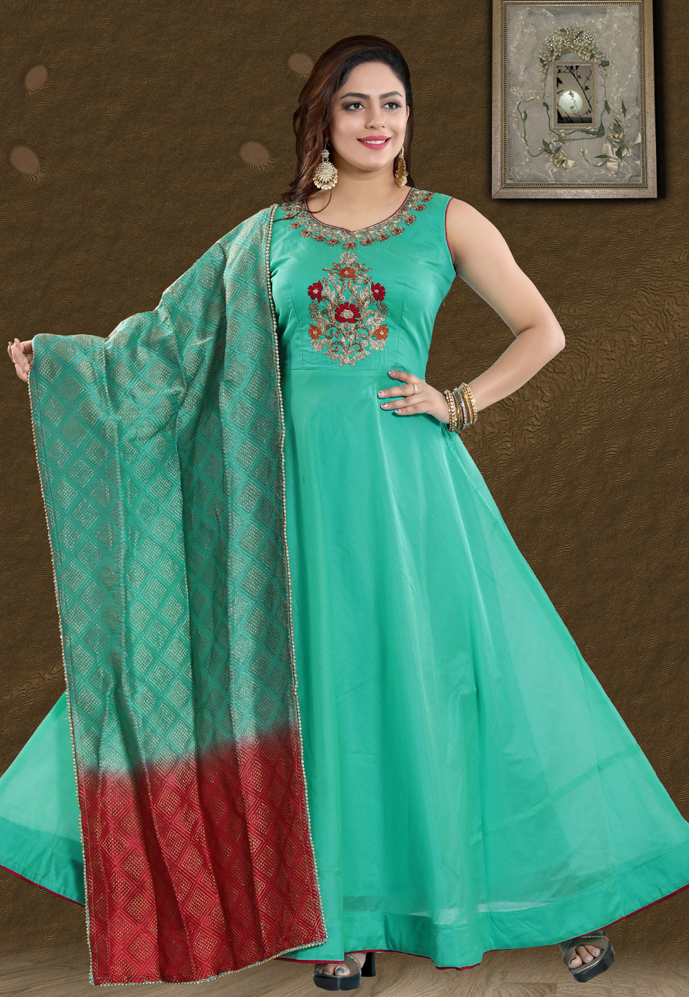 Turquoise Chanderi Readymade Ankle Length Anarkali Suit 168075