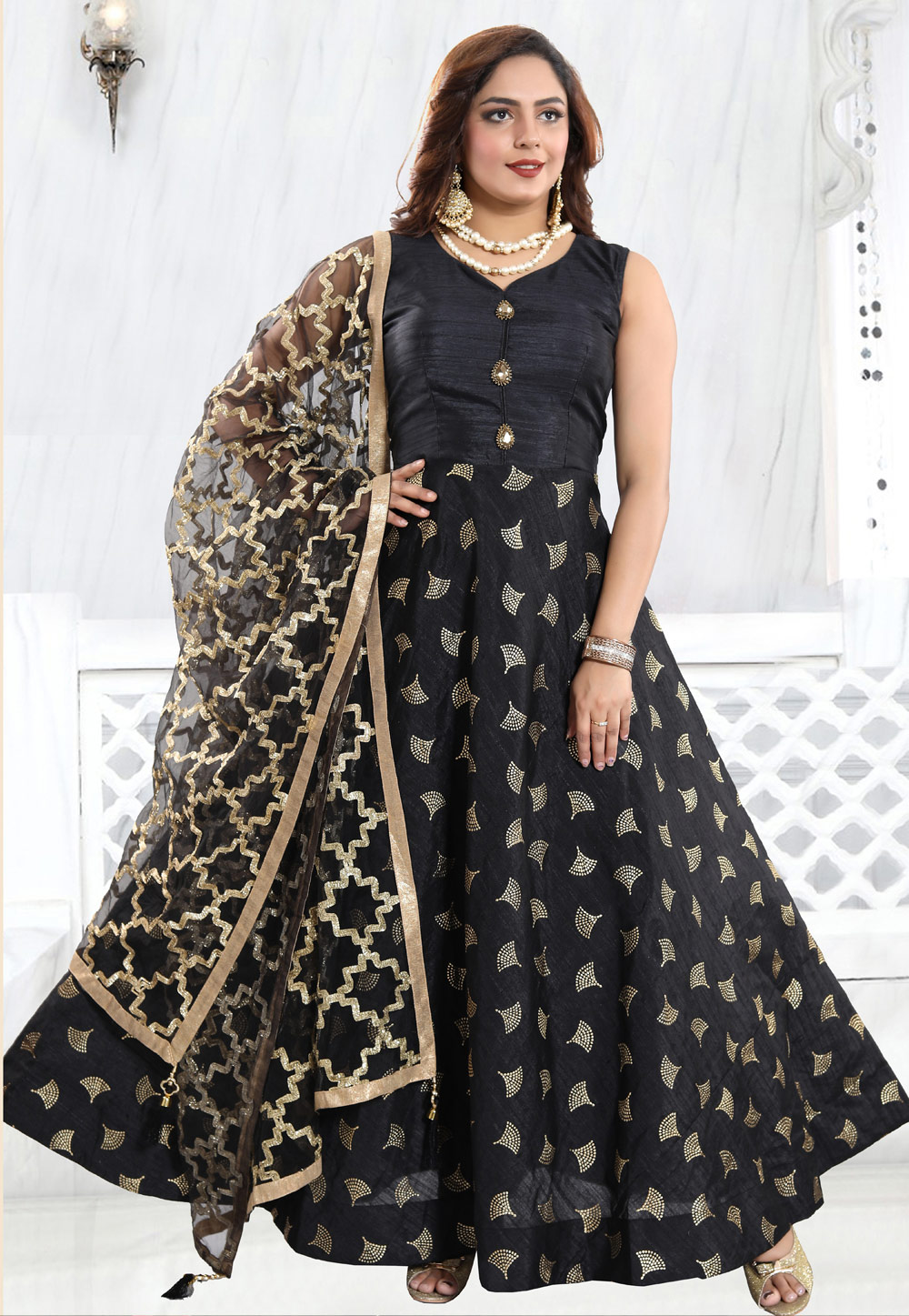 Black Banglori Silk Readymade Ankle Length Anarkali Suit 168077