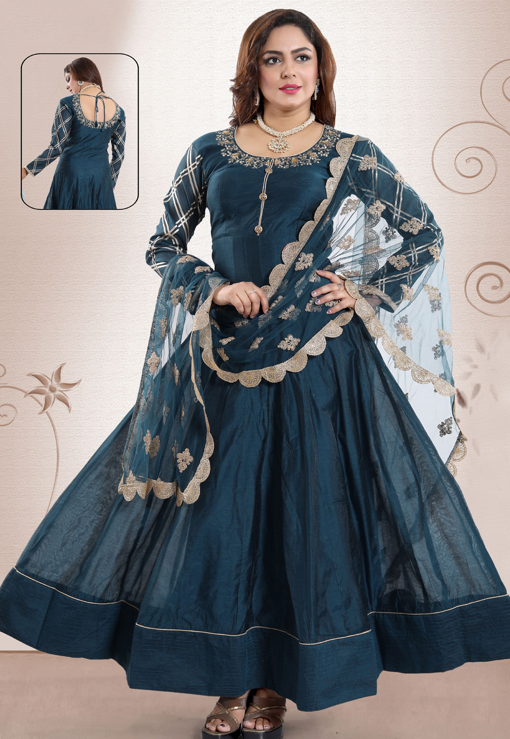 Blue Chanderi Readymade Ankle Length Anarkali Suit 168080