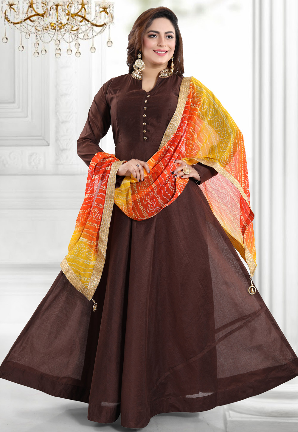 Brown Chanderi Readymade Abaya Style Anarkali Suit 168084