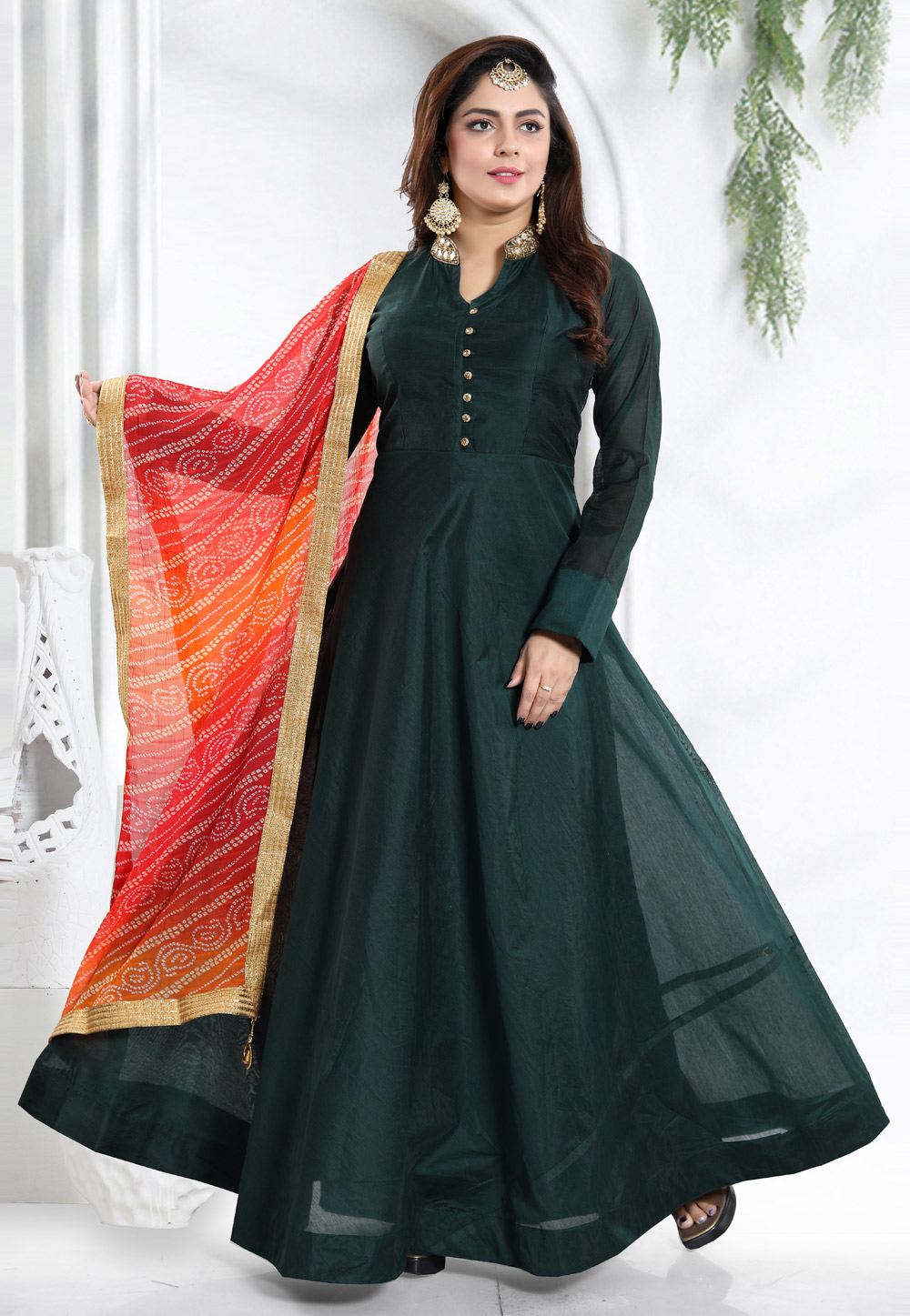 Green Chanderi Readymade Abaya Style Anarkali Suit 168100