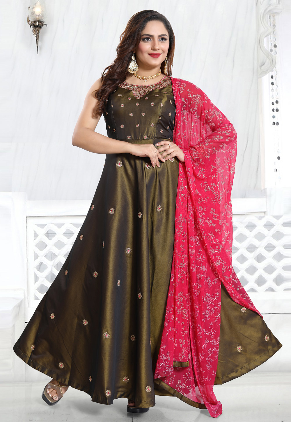 Brown Satin Readymade Ankle Length Anarkali Suit 196218