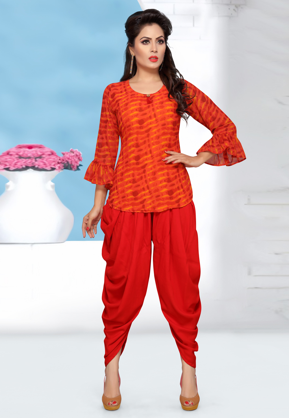 Orange Georgette Readymade Dhoti Salwar Suit 194221