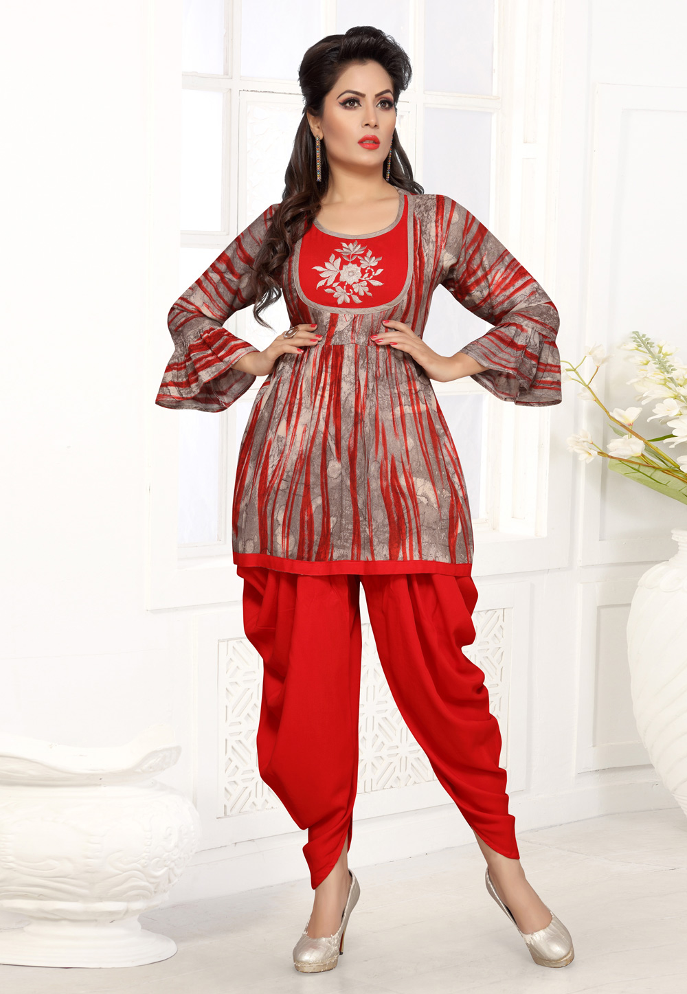 Red Rayon Readymade Dhoti Salwar Suit 194222