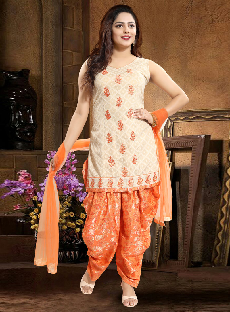 Cream Cotton Jacquard Readymade Punjabi Suit 144473