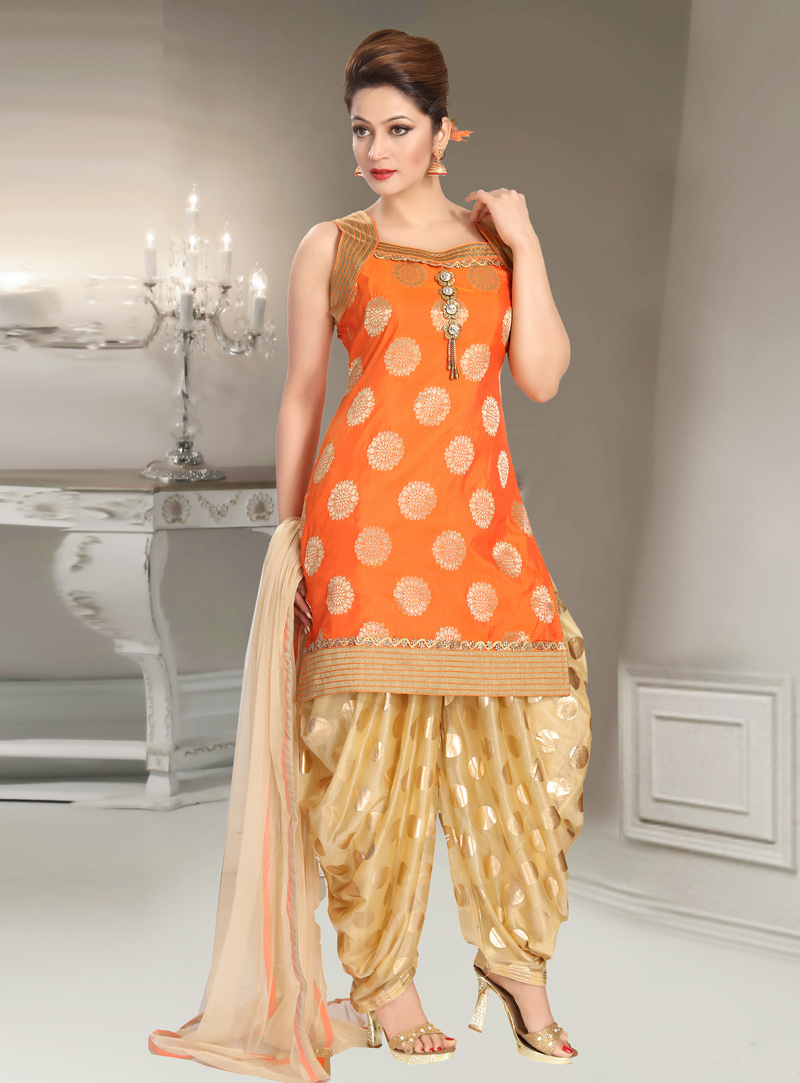 Orange Brocade Silk Readymade Punjabi Suit 144477