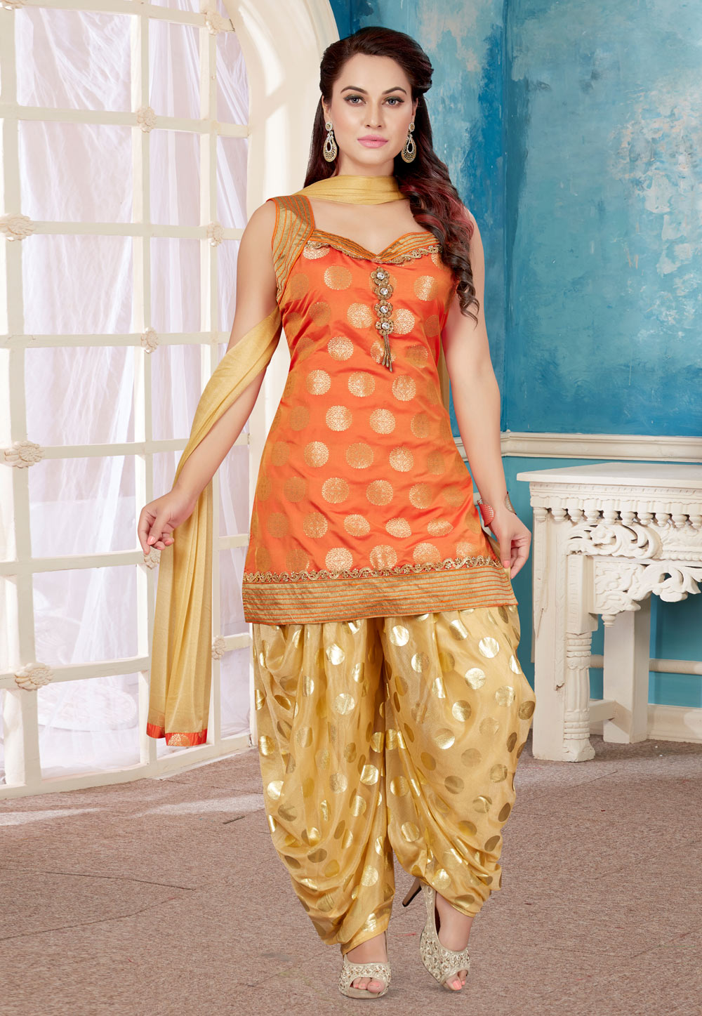 Orange Brocade Readymade Punjabi Suit 156023