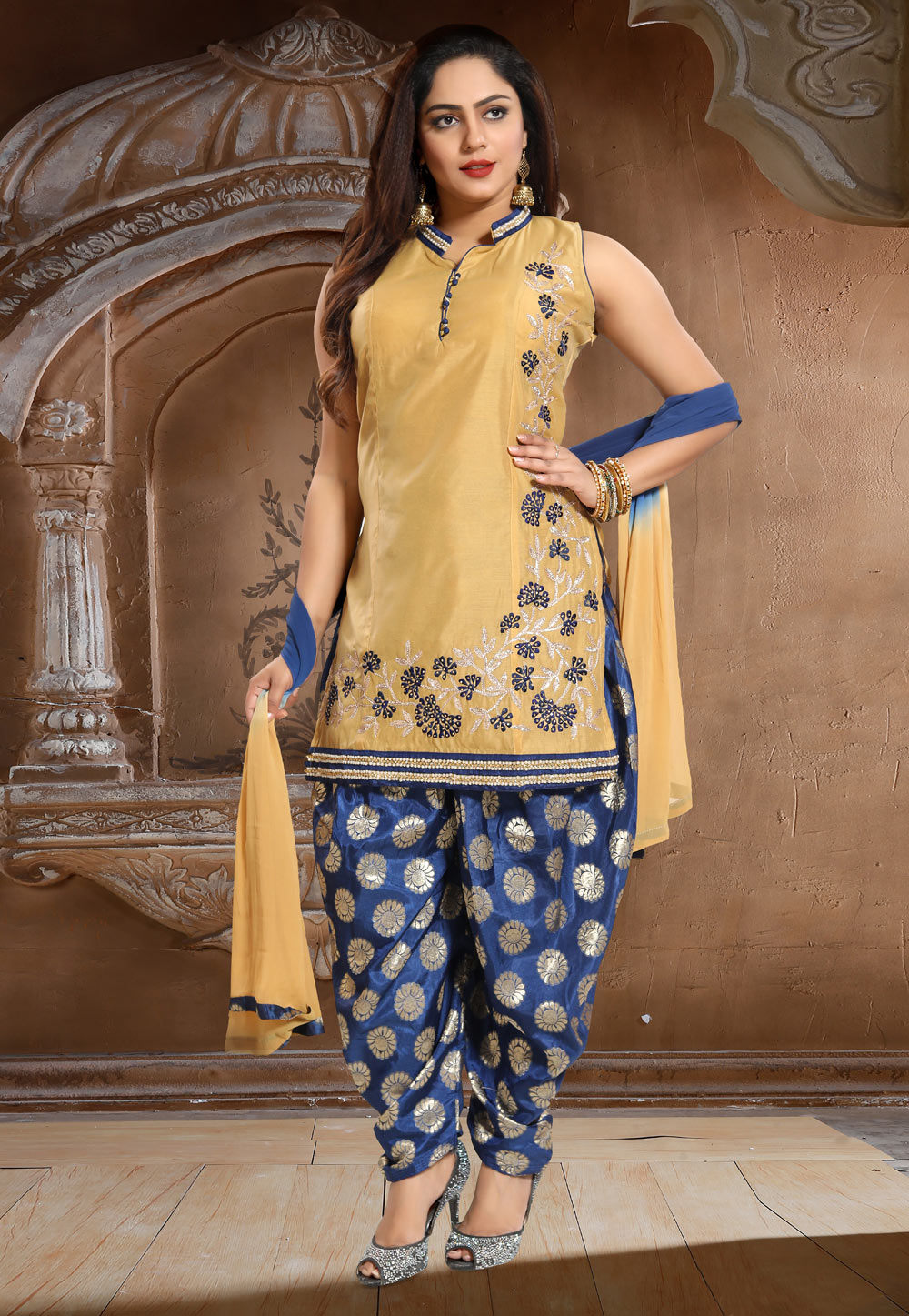 Light Yellow Chanderi Silk Readymade Patiala Suit 156026