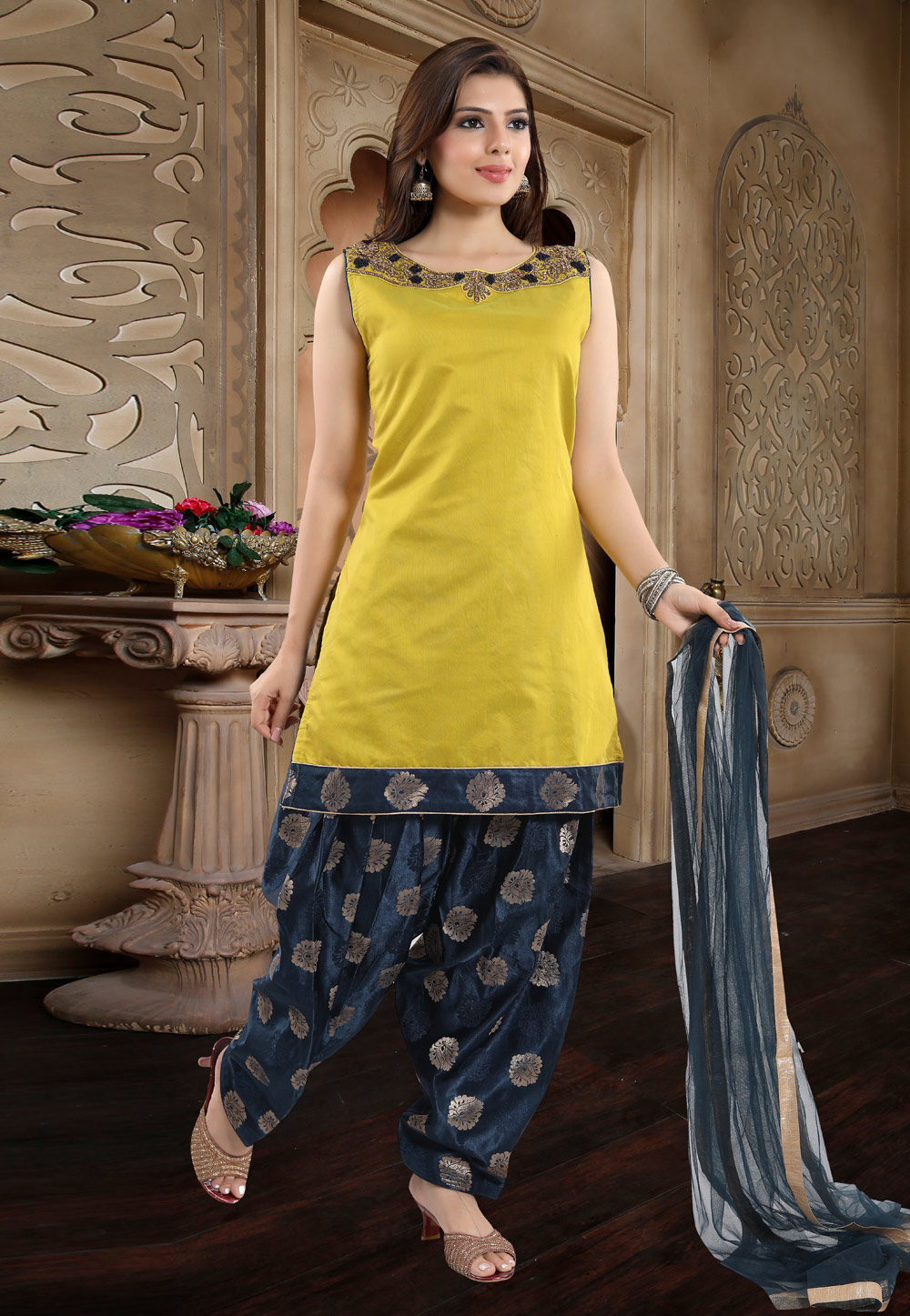 Mustard Chanderi Silk Readymade Patiala Suit 177763