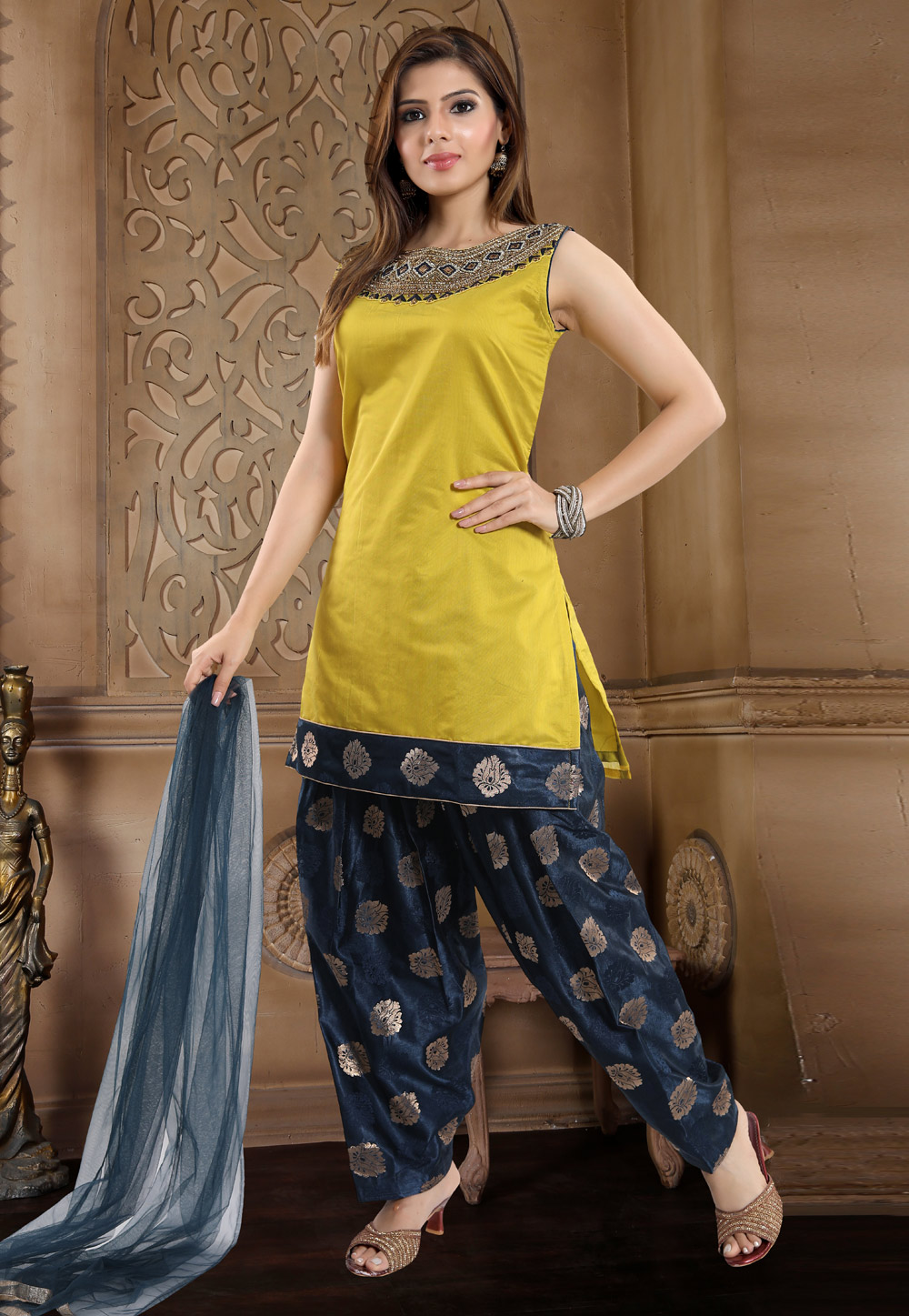 Mustard Chanderi Silk Readymade Punjabi Suit 177766