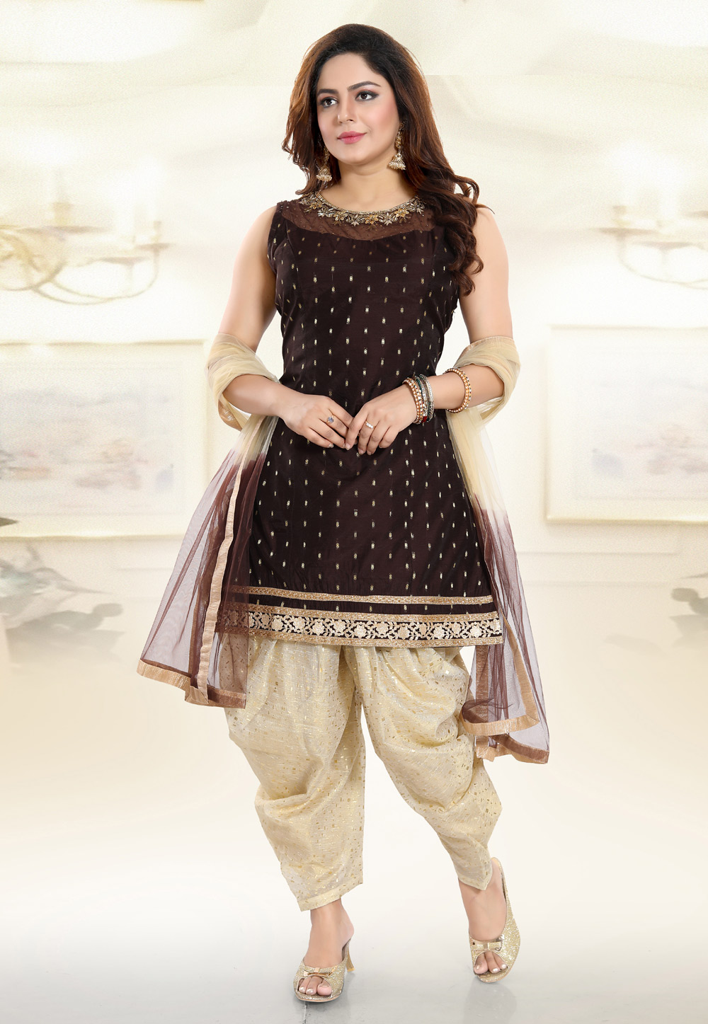 Brown Banglori Silk Readymade Patiala Suit 177769