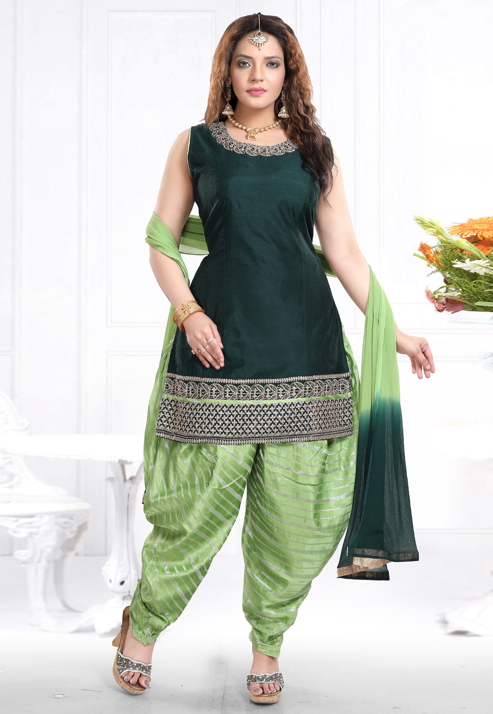 Dark Green Chanderi Silk Readymade Punjabi Suit 196922
