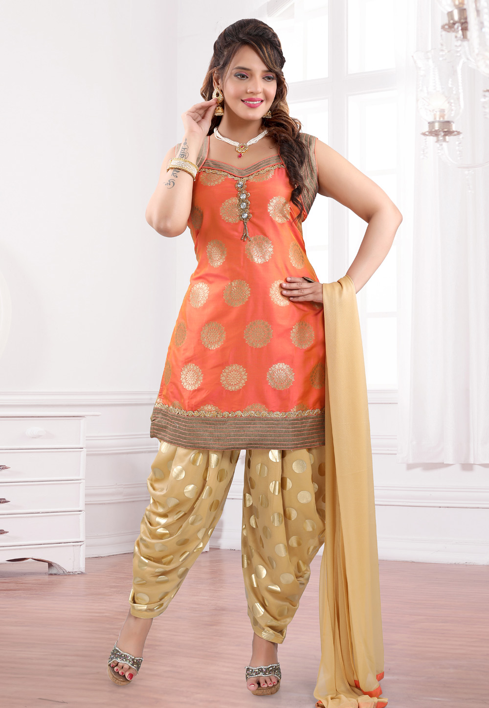 Orange Art Silk Readymade Punjabi Suit 222211