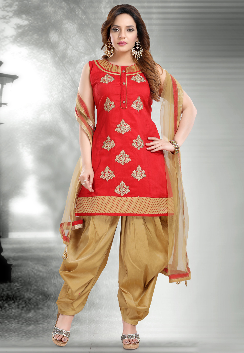 Red Chanderi Silk Readymade Patiala Suit 222212
