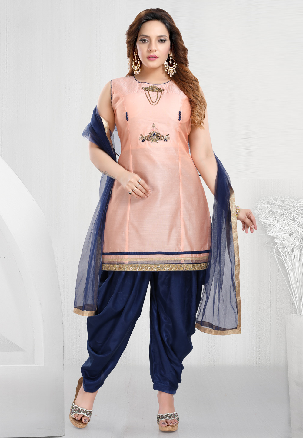 Peach Chanderi Silk Readymade Punjabi Suit 222213