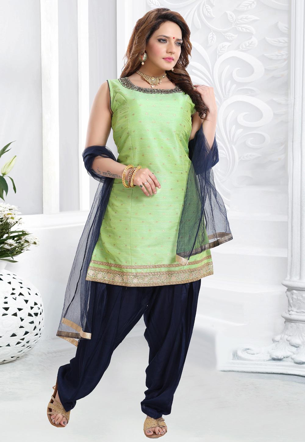 Light Green Silk Readymade Punjabi Suit 222215