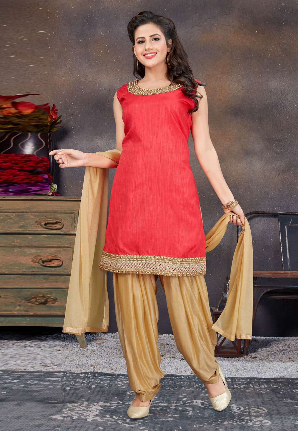 Red Banglori Silk Readymade Patiala Suit 222218