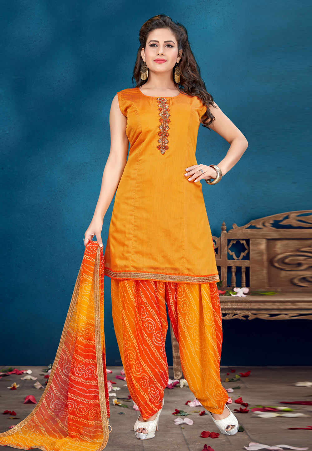 Orange Chanderi Silk Readymade Punjabi Suit 222219