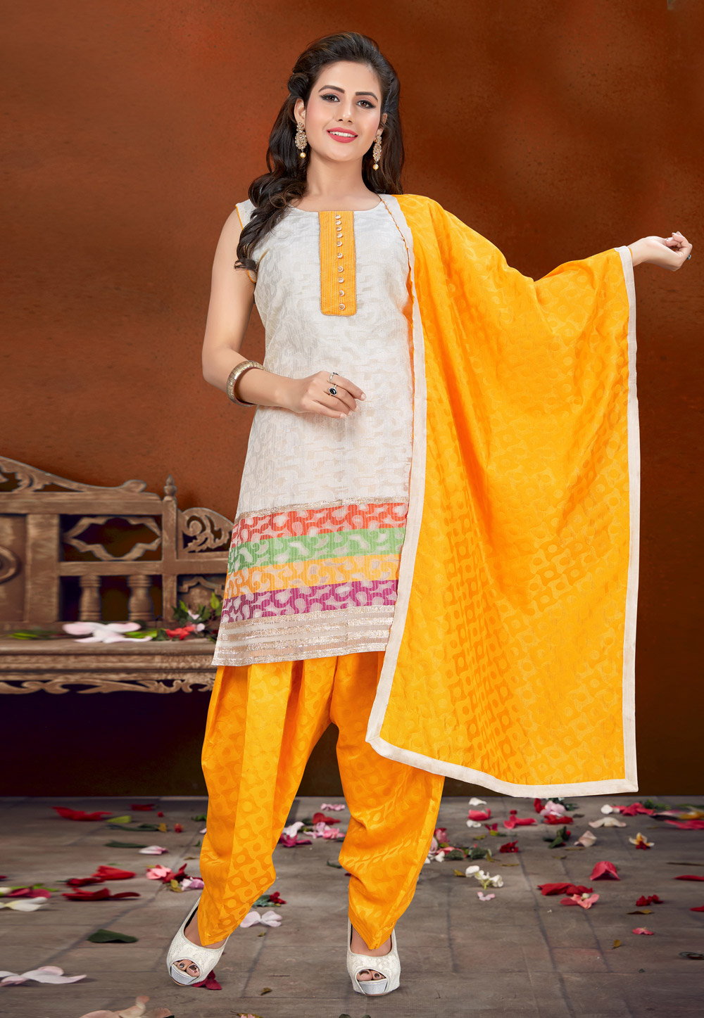 Shop Online Fancy Banarasi Silk Designer Patiala Suit in Cream and Navy  Blue : 182176 -
