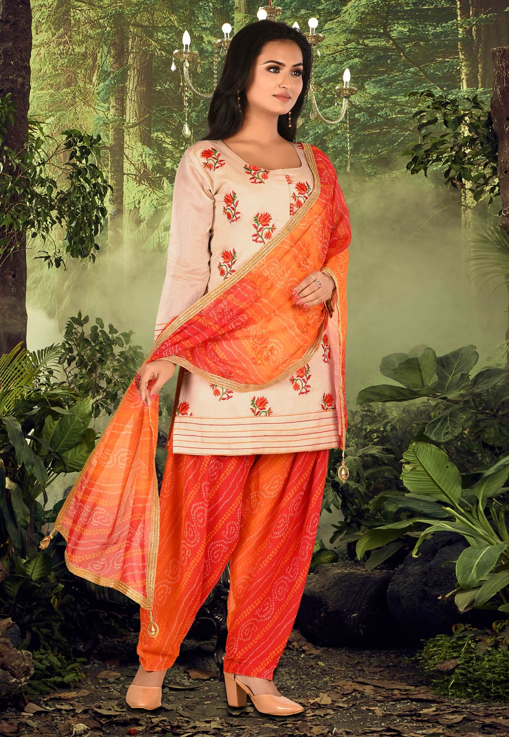 Cream Chanderi Silk Readymade Punjabi Suit 222223