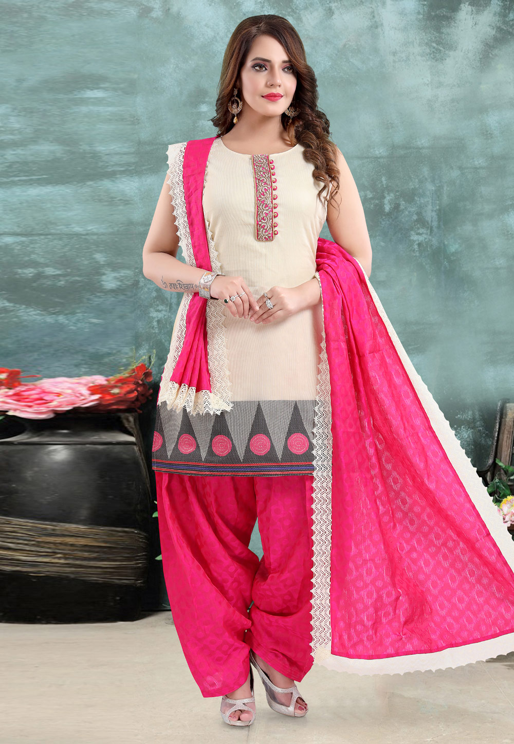 Off White Banglori Silk Readymade Punjabi Suit 238716