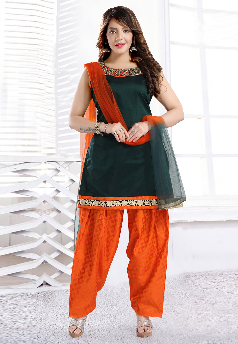 Green Chanderi Silk Readymade Punjabi Suit 273157