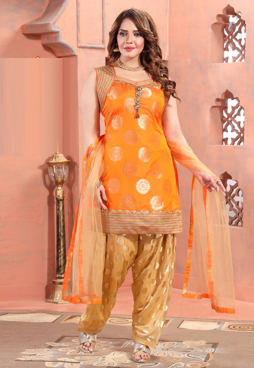 Buy Janasya Women's Orange Brocade Woven Design Festive Angrakha Kurta Set  Online at Best Price | Distacart