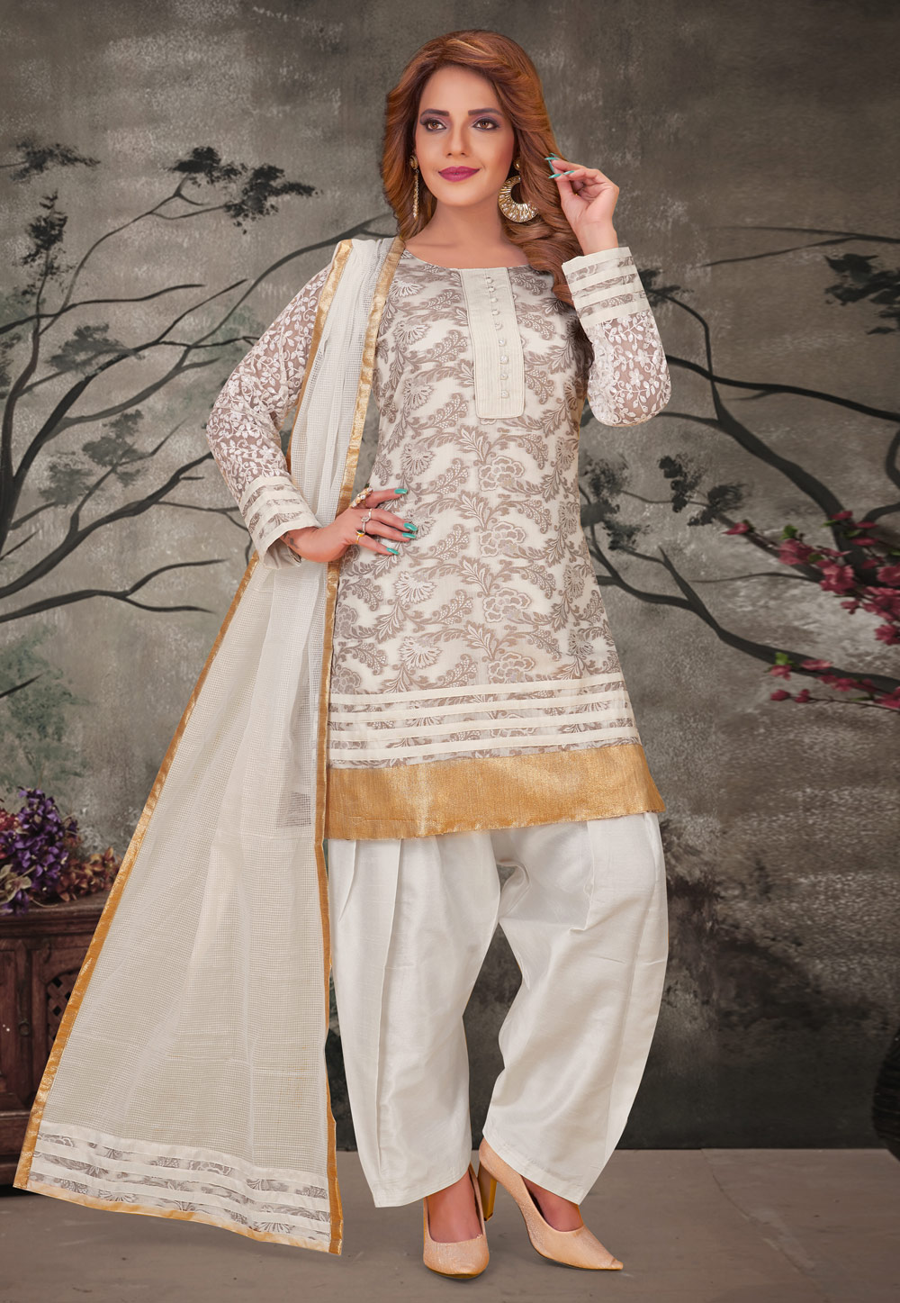 White Banglori Silk Readymade Patiala Suit 273160